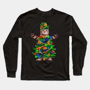 Funny Cat, Xmas Lights, Christmas Kitten Long Sleeve T-Shirt